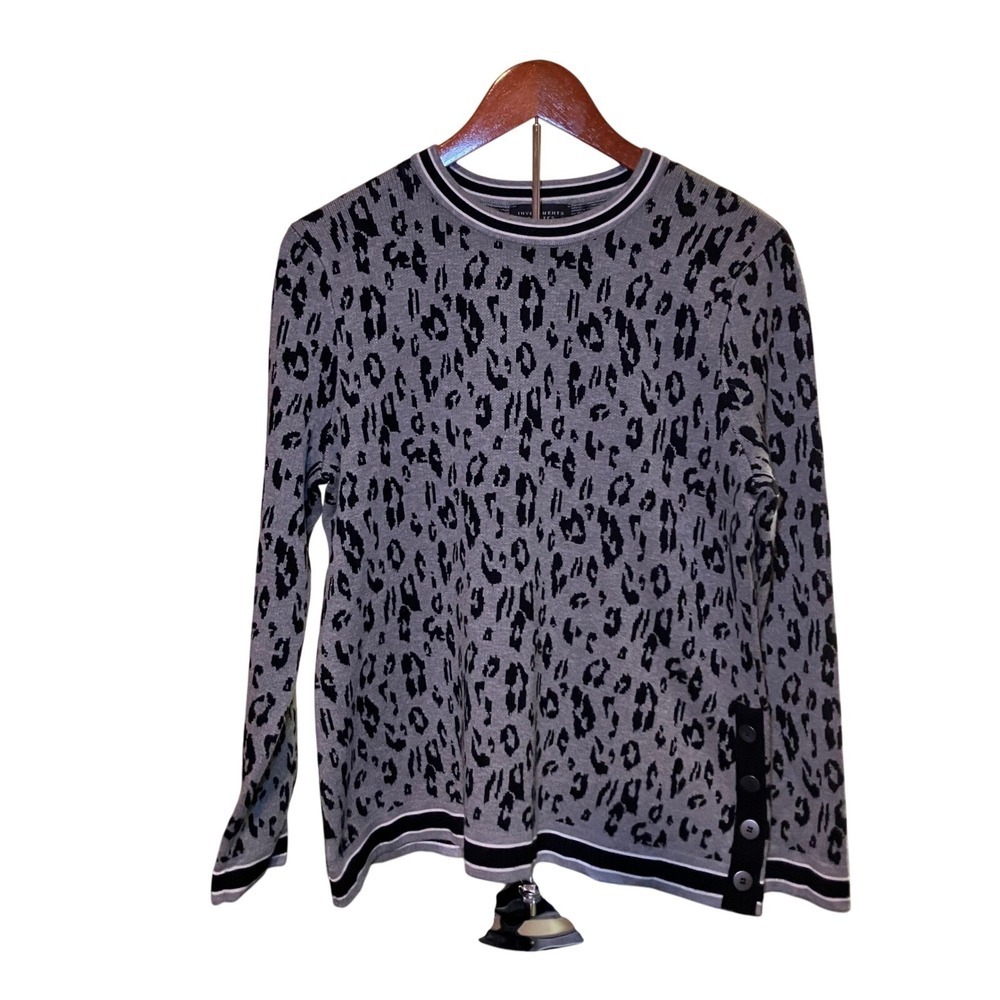 Investments Petites Animal Print Button Accent Gray Pullover Sweater Top